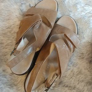 Tan leather comfort sandals, wide width